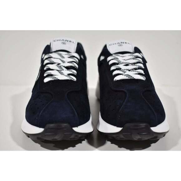 Chanel 22S Men Blue Suede White CC Logo Low Top Lace Up Trainer Sneaker 44 11 - Picture 5 of 10